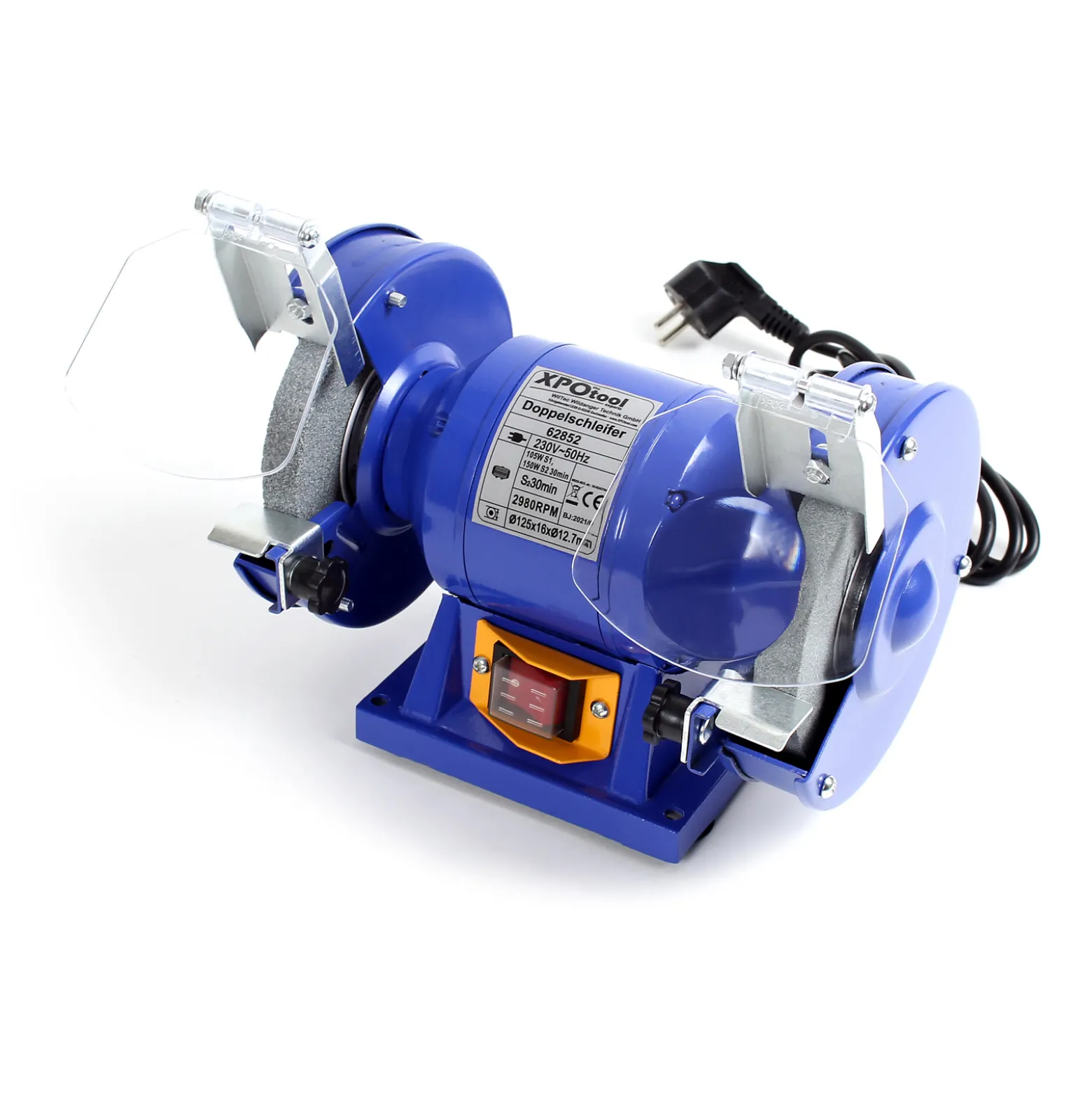 Wiltec Doppelschleifer 150 W, Schleifmaschine mit 2 Schleifscheiben je Ø 125 mm, Schleifgerät mit 2950 U/min, Schleifer für Grob- und Feinschliff