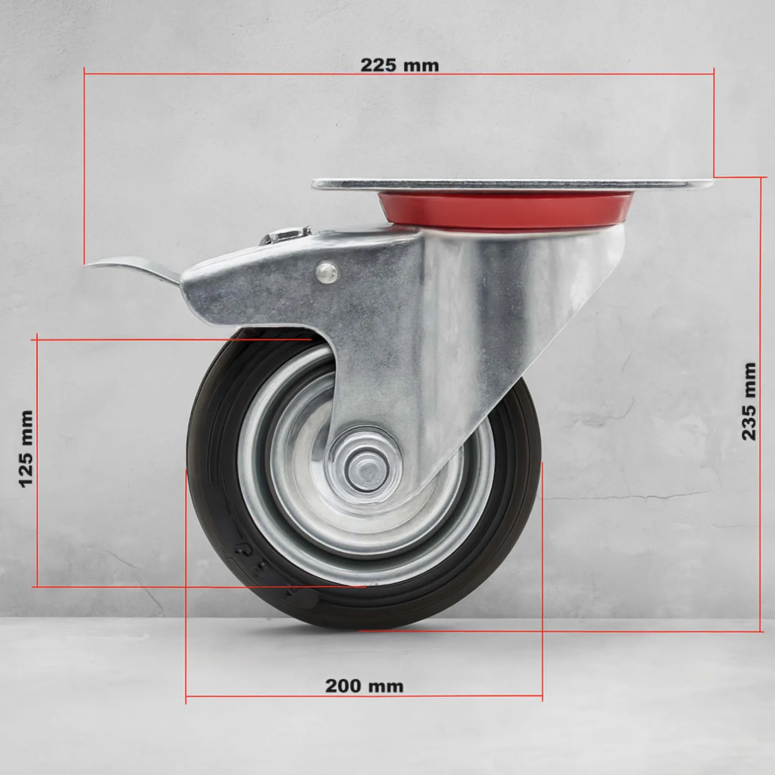 Wiltec Doppelstopp-Lenkrolle Ø200mm bis 150kg Tragkraft mit Gummirad und Feststellbremse leiser Lauf, Transportrolle Möbelrolle Laufrolle Möbel-Lenkrolle