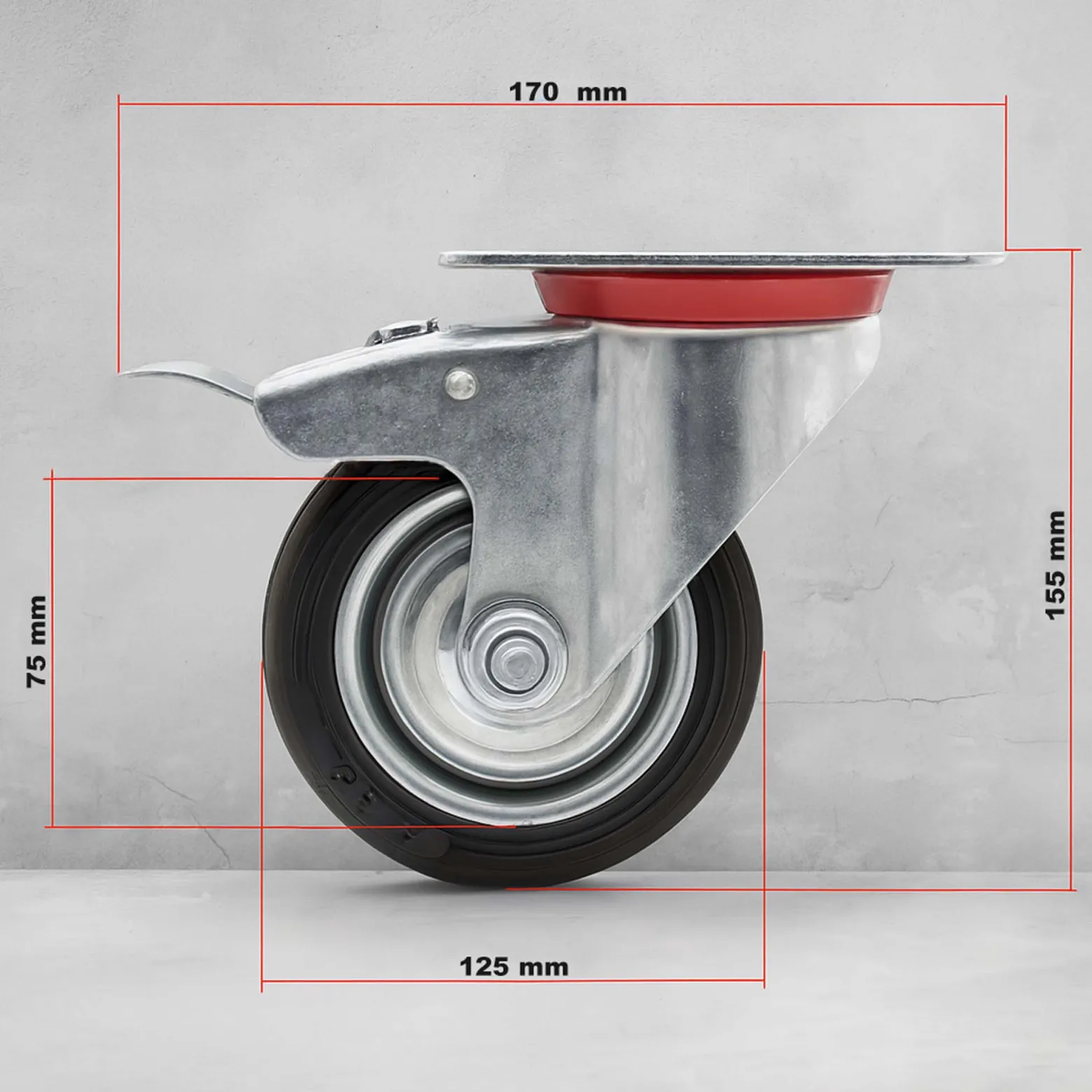 Wiltec Doppelstopp-Lenkrolle Ø125mm bis 100kg Tragkraft mit Gummirad und Feststellbremse leiser Lauf, Transportrolle Möbelrolle Laufrolle Möbel-Lenkrolle