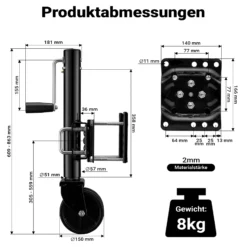 Wiltec Doppelstützrad bis 680 kg, Anhängerstütze aus Stahl, Stützlast Bugrad mit Schwenkarm, Schwerlast Abstellstütze mit Zwillingsrädern