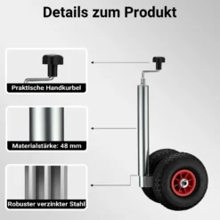 Wiltec Doppelstützrad bis 200 kg, Anhängerstütze mit aufblasbaren Reifen, Stützlast Bugrad ausziehbar, Schwerlast Abstellstütze mit Kunststofffelgen