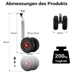 Wiltec Doppelstützrad bis 200 kg, Anhängerstütze mit aufblasbaren Reifen, Stützlast Bugrad ausziehbar, Schwerlast Abstellstütze mit Kunststofffelgen