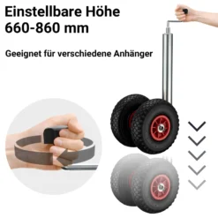 Wiltec Doppelstützrad bis 200 kg, Anhängerstütze mit aufblasbaren Reifen, Stützlast Bugrad ausziehbar, Schwerlast Abstellstütze mit Kunststofffelgen