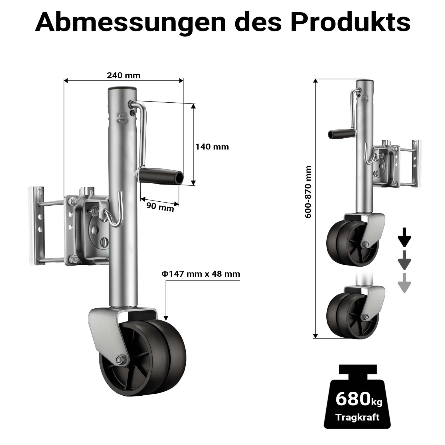 Wiltec Doppelstützrad bis 680 kg, Anhängerstütze aus Stahl, Stützlast Bugrad mit Schwenkarm, Schwerlast Abstellstütze mit Zwillingsrädern