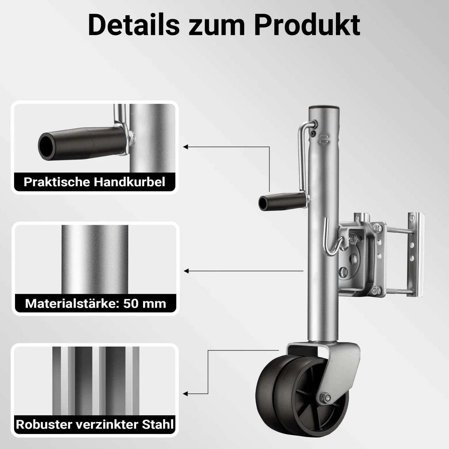 Wiltec Doppelstützrad bis 680 kg, Anhängerstütze aus Stahl, Stützlast Bugrad mit Schwenkarm, Schwerlast Abstellstütze mit Zwillingsrädern
