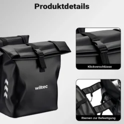 Wiltec Doppeltasche Gepäckträgertasche 48 l, Fahrradtasche Gepäckträger 30 x 14 x 57 cm, wasserresistente Fahrradtasche