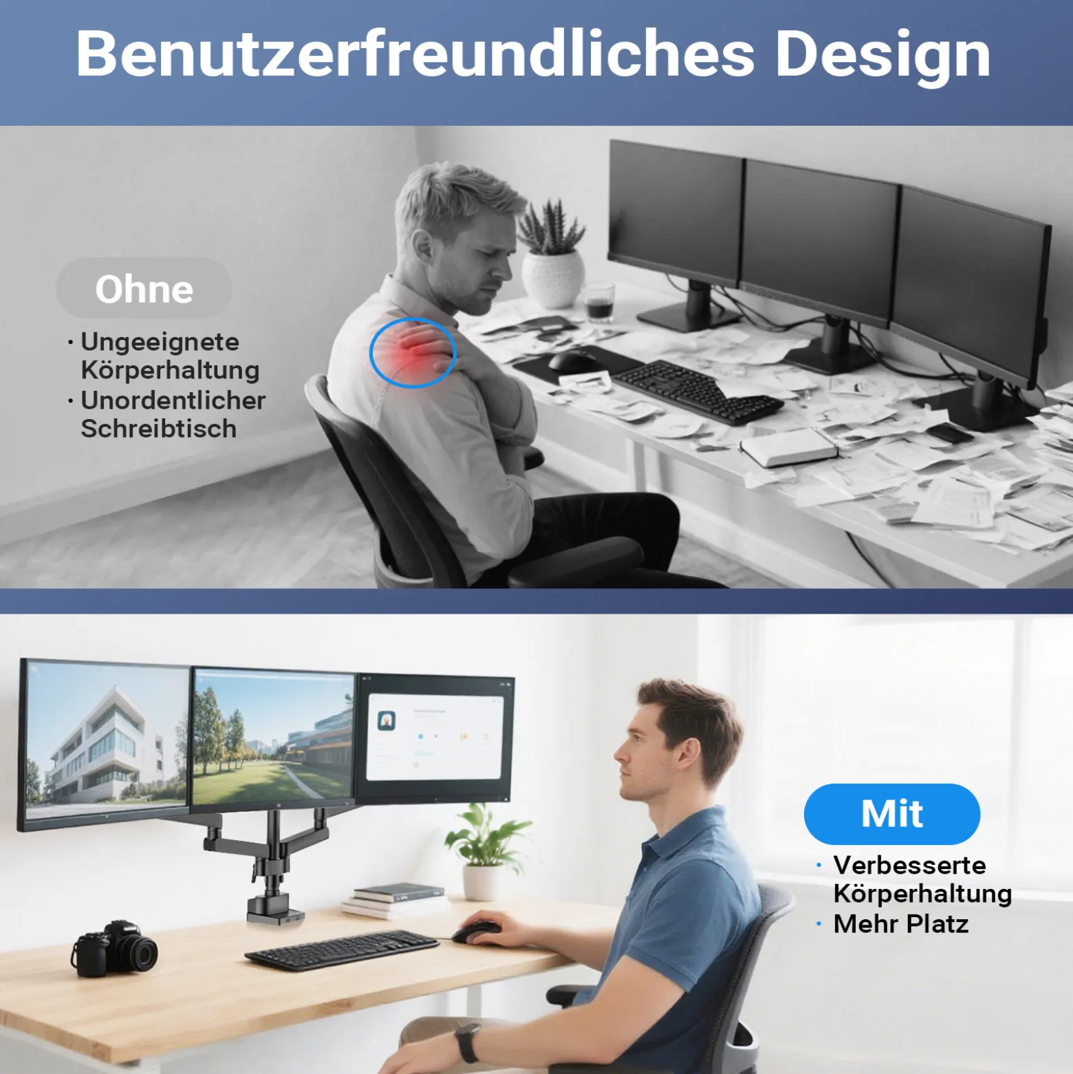 Wiltec Dreifach Monitorhalterung Schreibtisch mit 360° VESA-Platte, Bildschirmhalterung bis 9 kg pro Monitor, Monitorhalter mit Tischklemme