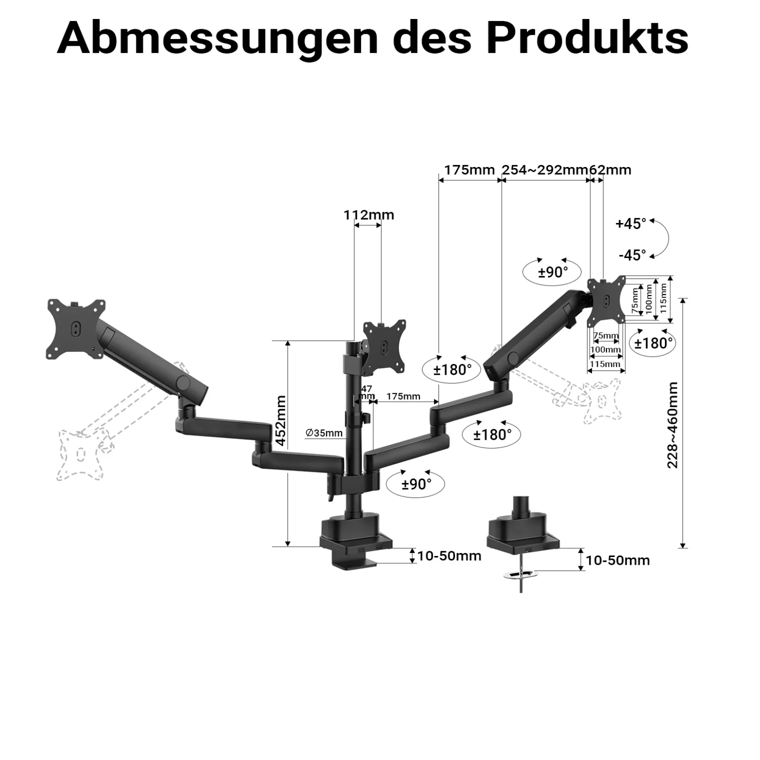 Wiltec Dreifach Monitorhalterung Schreibtisch mit 360° VESA-Platte, Bildschirmhalterung bis 9 kg pro Monitor, Monitorhalter mit Tischklemme