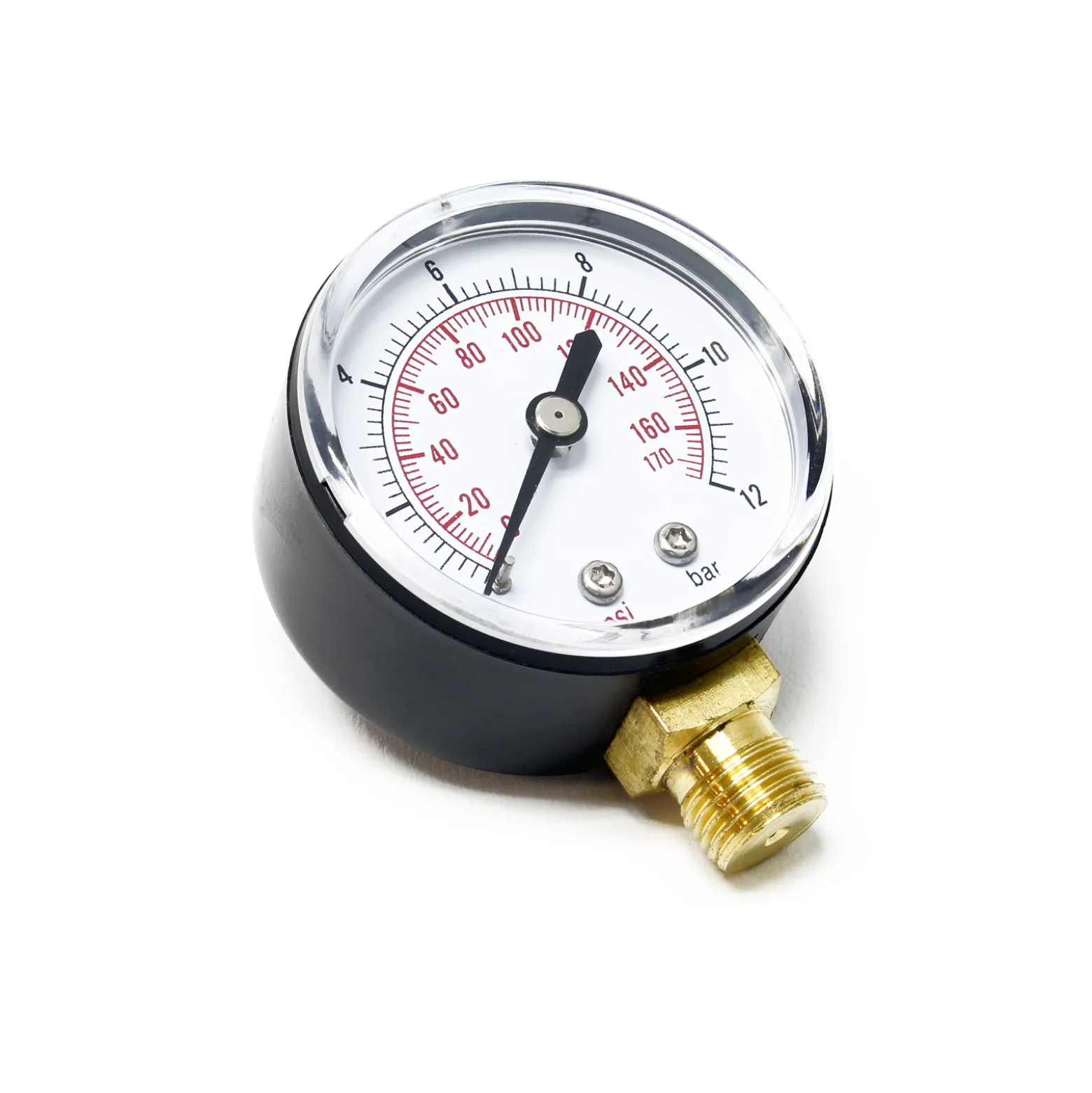 Wiltec Druckanzeige für Druckbehälter, 56 x 30 x 70 mm, Manometer radial DN8 (1/4") 12,9 mm, 0-12 bar (0-170 PSI), Durchmesser 50 mm, für Hauswasserwerk, Membranpumpe
