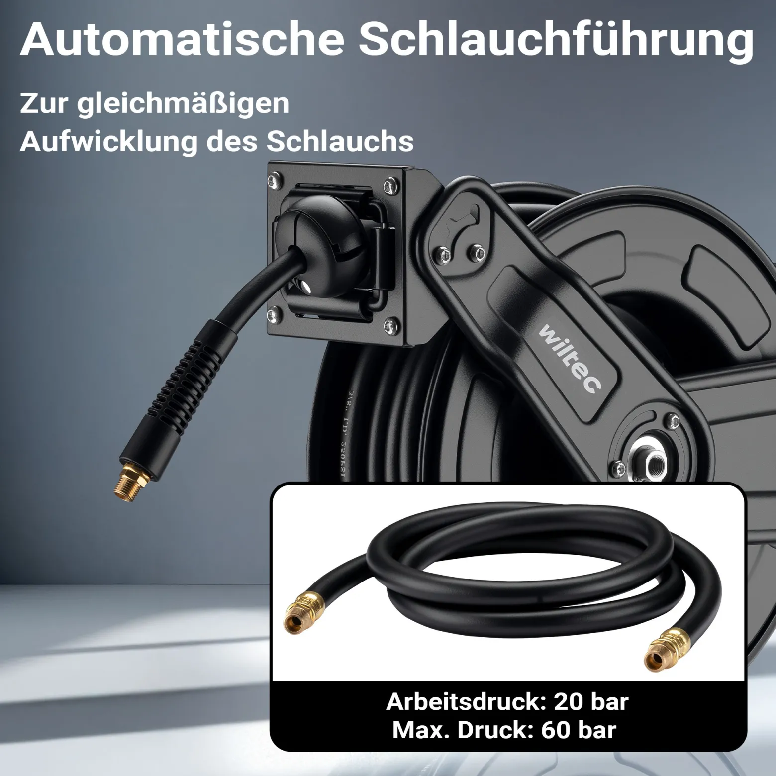 Wiltec Druckluft Schlauchtrommel 20 m, automatische Druckluftschlauchtrommel Stahl, 20 bar Drucklufttrommel, Schlauchaufroller einfache Montage