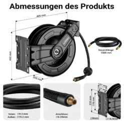Wiltec Druckluft Schlauchtrommel 15 m, automatische Druckluftschlauchtrommel Stahl, 20 bar Drucklufttrommel, Schlauchaufroller einfache Montage