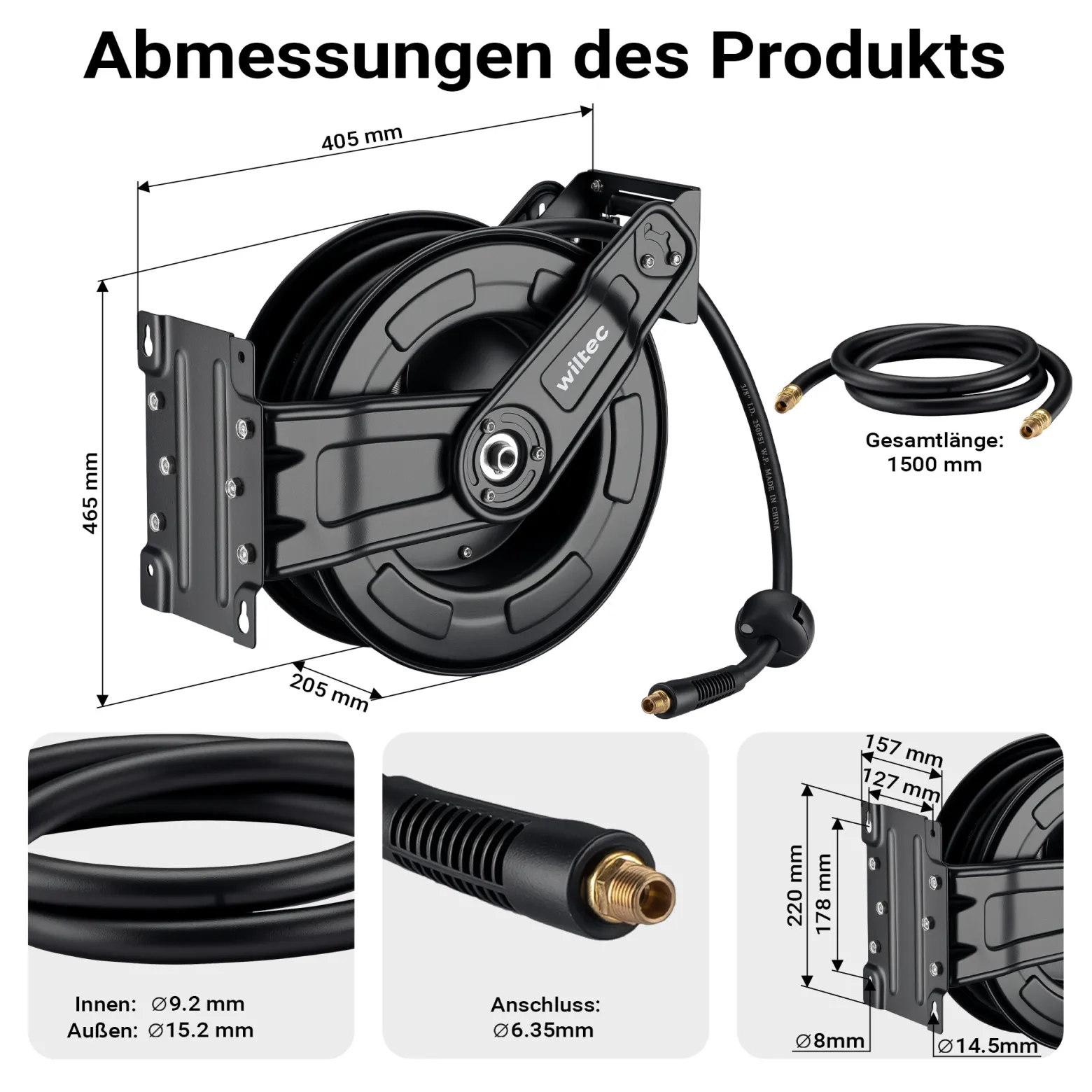 Wiltec Druckluft Schlauchtrommel 15 m, automatische Druckluftschlauchtrommel Stahl, 20 bar Drucklufttrommel, Schlauchaufroller einfache Montage
