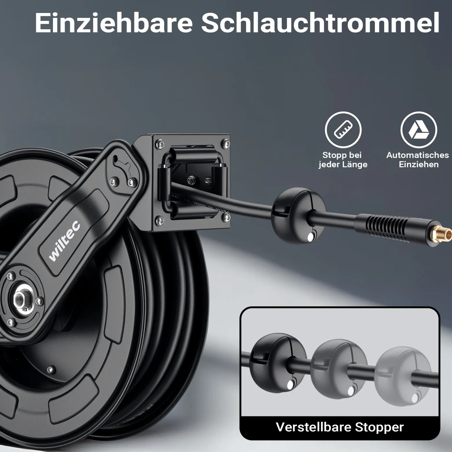 Wiltec Druckluft Schlauchtrommel 15 m, automatische Druckluftschlauchtrommel Stahl, 20 bar Drucklufttrommel, Schlauchaufroller einfache Montage