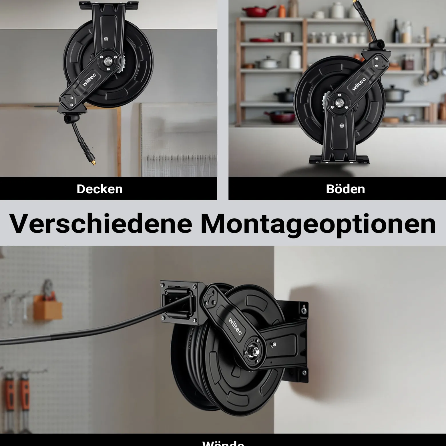 Wiltec Druckluft Schlauchtrommel 15 m, automatische Druckluftschlauchtrommel Stahl, 20 bar Drucklufttrommel, Schlauchaufroller einfache Montage