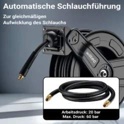 Wiltec Druckluft Schlauchtrommel 15 m, automatische Druckluftschlauchtrommel Stahl, 20 bar Drucklufttrommel, Schlauchaufroller einfache Montage