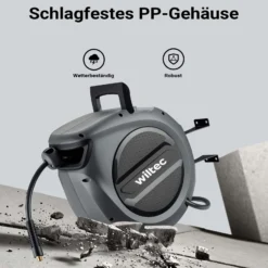 Wiltec Druckluft Schlauchtrommel 20 m, automatische Druckluftschlauchtrommel PP, 17 bar Drucklufttrommel, Schlauchaufroller mit 180° Halterung