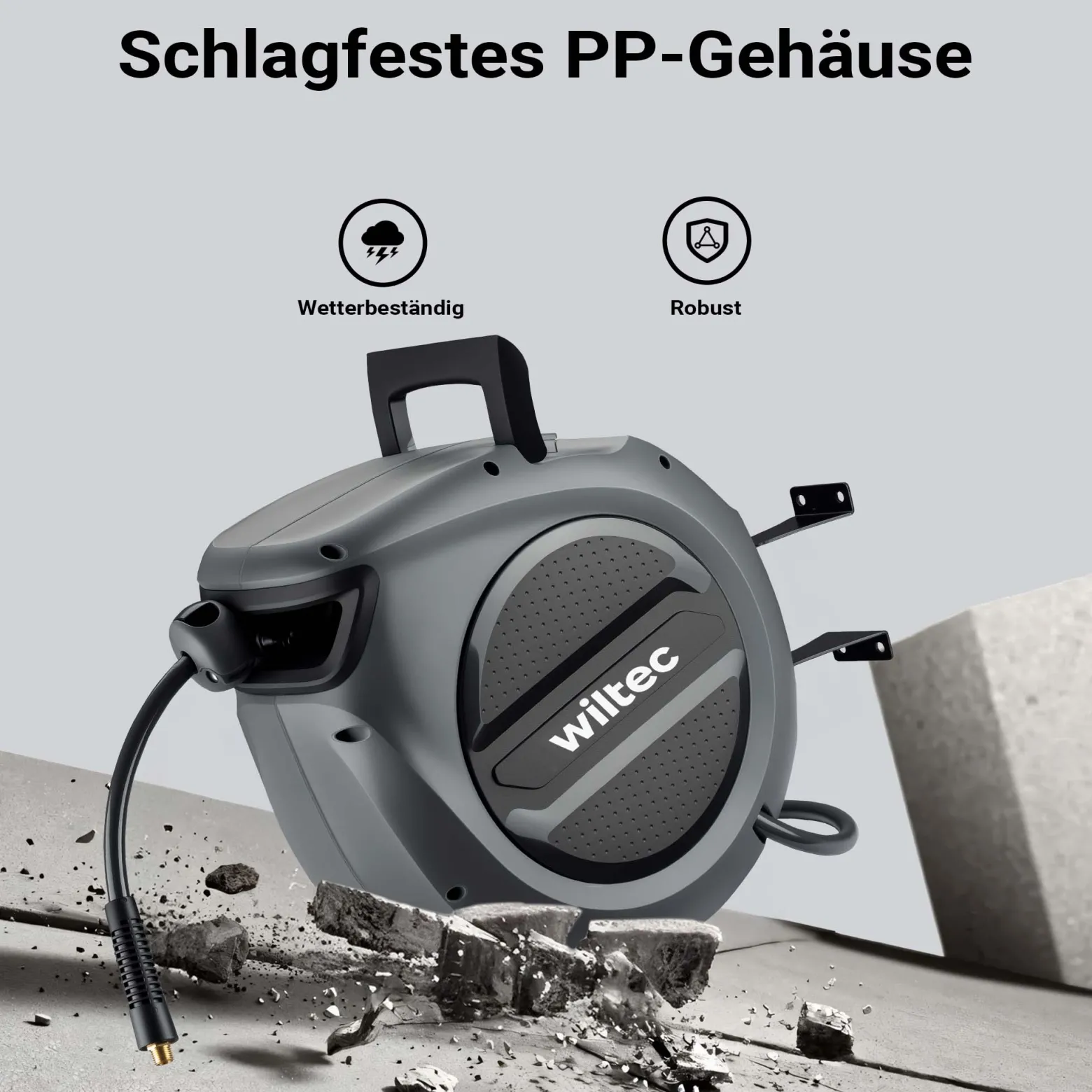Wiltec Druckluft Schlauchtrommel 20 m, automatische Druckluftschlauchtrommel PP, 17 bar Drucklufttrommel, Schlauchaufroller mit 180° Halterung