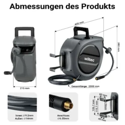 Wiltec Druckluft Schlauchtrommel 20 m, automatische Druckluftschlauchtrommel PP, 17 bar Drucklufttrommel, Schlauchaufroller mit 180° Halterung