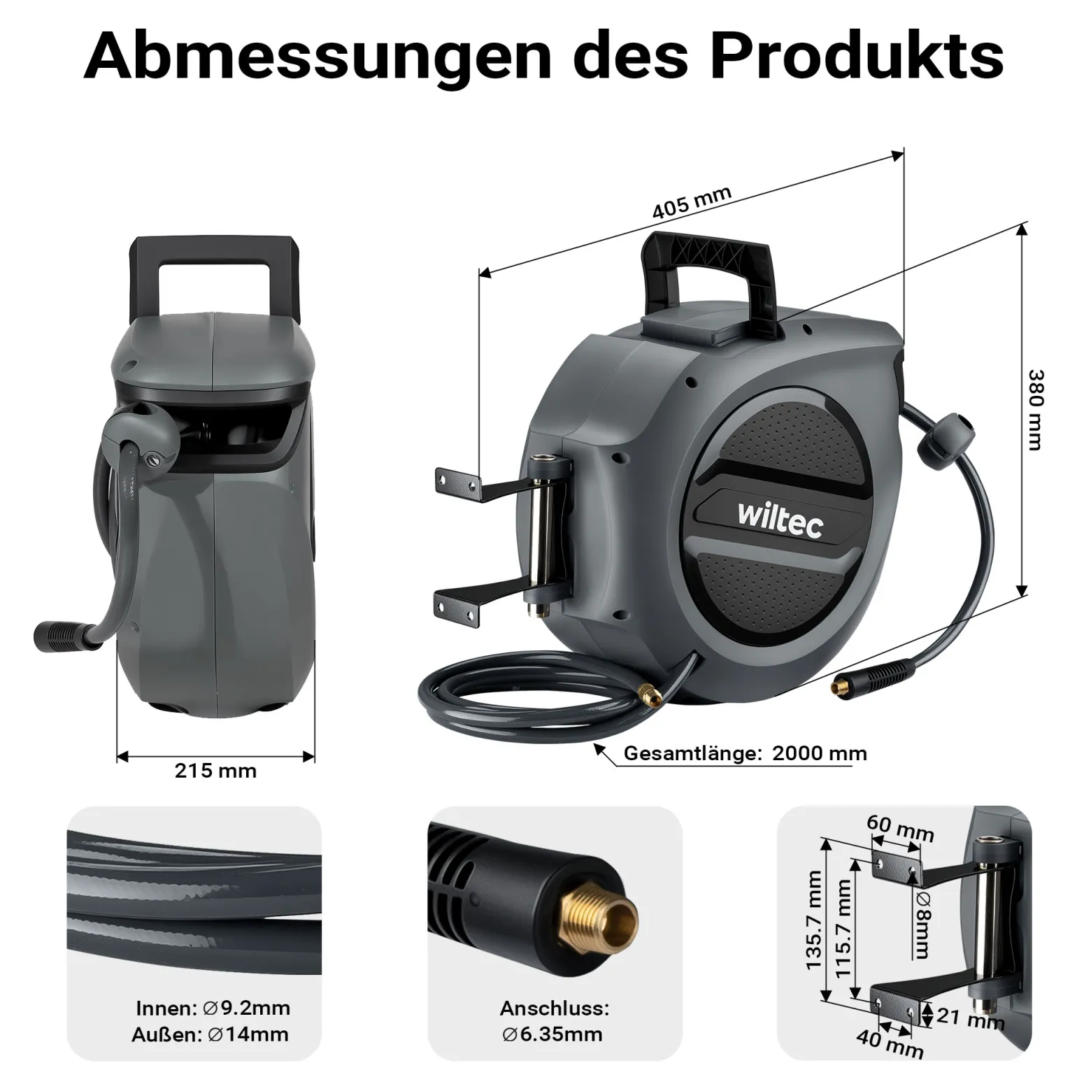 Wiltec Druckluft Schlauchtrommel 20 m, automatische Druckluftschlauchtrommel PP, 17 bar Drucklufttrommel, Schlauchaufroller mit 180° Halterung