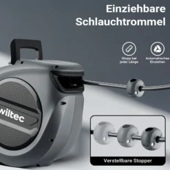 Wiltec Druckluft Schlauchtrommel 20 m, automatische Druckluftschlauchtrommel PP, 17 bar Drucklufttrommel, Schlauchaufroller mit 180° Halterung