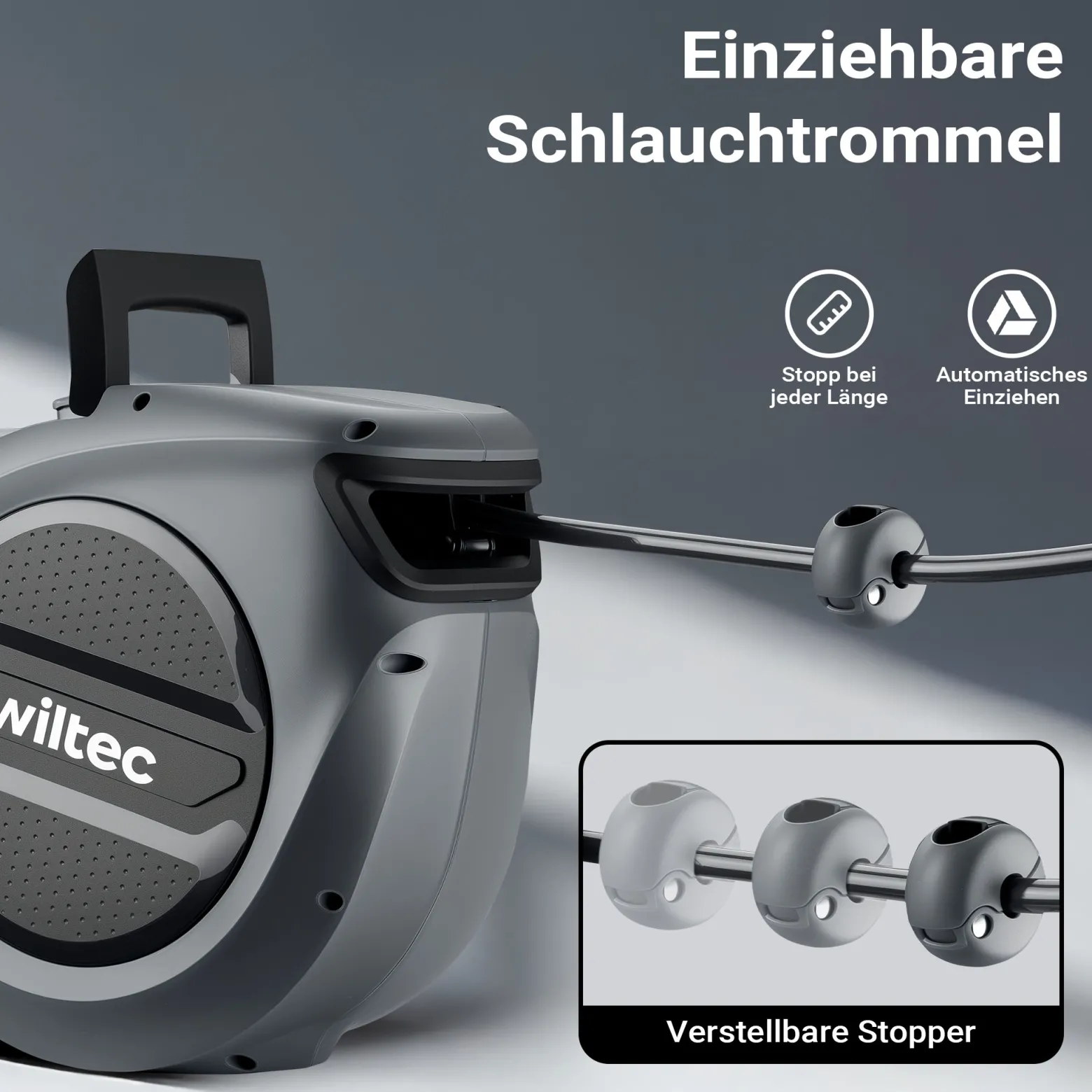 Wiltec Druckluft Schlauchtrommel 20 m, automatische Druckluftschlauchtrommel PP, 17 bar Drucklufttrommel, Schlauchaufroller mit 180° Halterung