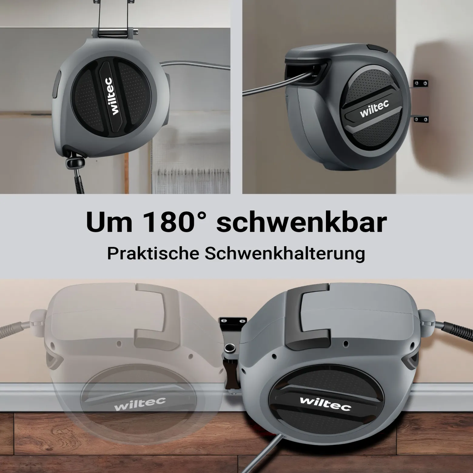 Wiltec Druckluft Schlauchtrommel 20 m, automatische Druckluftschlauchtrommel PP, 17 bar Drucklufttrommel, Schlauchaufroller mit 180° Halterung