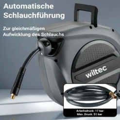 Wiltec Druckluft Schlauchtrommel 15 m, automatische Druckluftschlauchtrommel Stahl, 17 bar Drucklufttrommel, Schlauchaufroller mit 180° Halterung