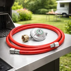 Wiltec Druckminderer auf 50 mbar mit 200 cm Propanschlauch für Gaszylinder mit Eingang Ø 1/14" / 21,8 mm LH Gasdruckregler Druckregler Gasregler Gasdruckminderer