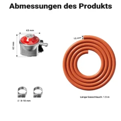 Wiltec Druckminderer 37 mbar 1,5 m Schlauch für UK, Gasdruckregler für konstanten Gasdruck, Gasregler mit Gasschlauch, Druckregler für Gasflaschen
