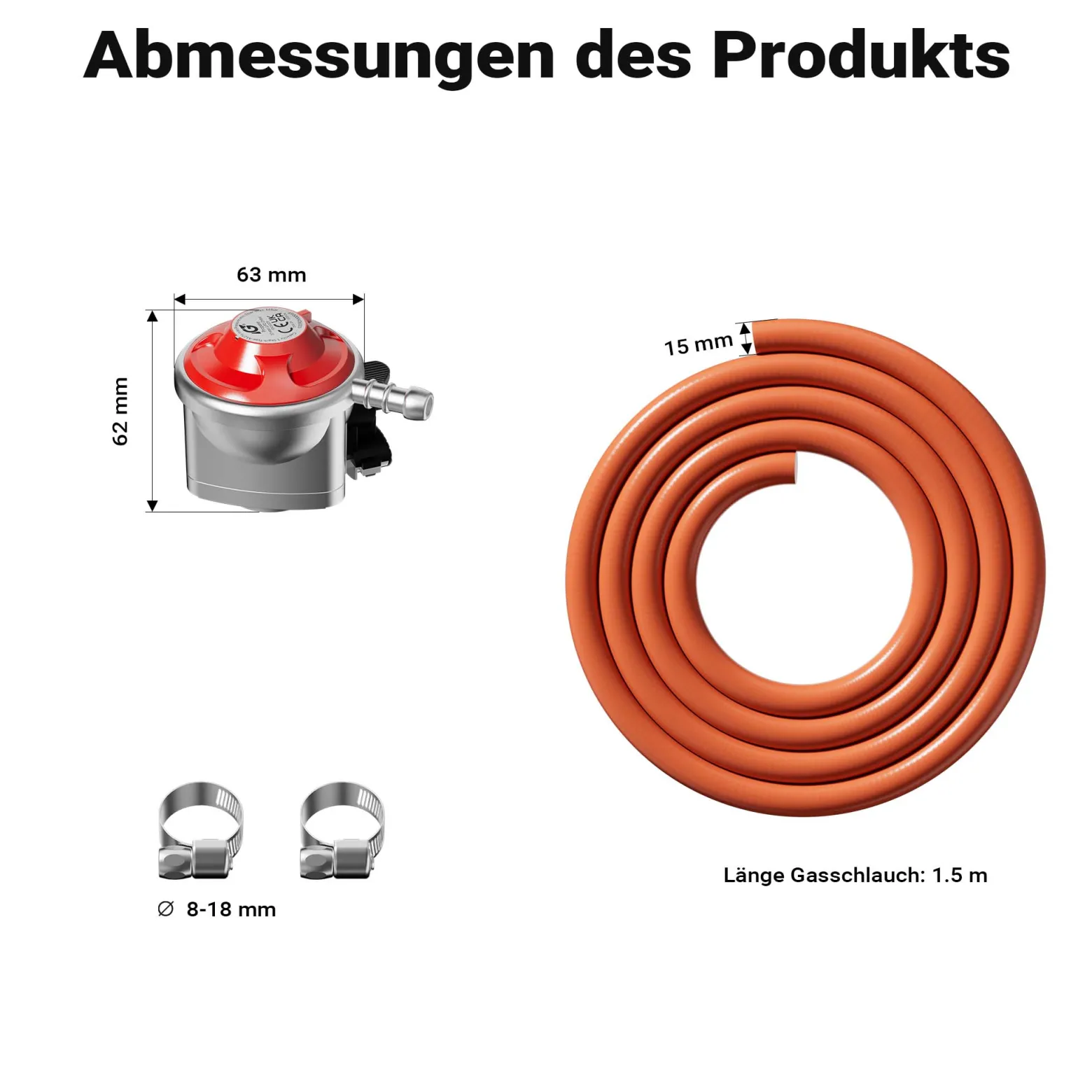 Wiltec Druckminderer 37 mbar 1,5 m Schlauch für UK, Gasdruckregler für konstanten Gasdruck, Gasregler mit Gasschlauch, Druckregler für Gasflaschen