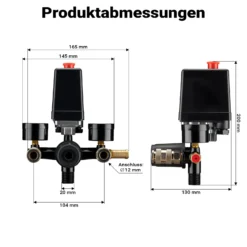 Wiltec Druckregler 165 x 130 x 200 mm mit Druckschalter für Kompressor, Druckminderer bis 8 bar rmit 2 Anzeigen, 2 Kupplungen und Sicherheitsventil