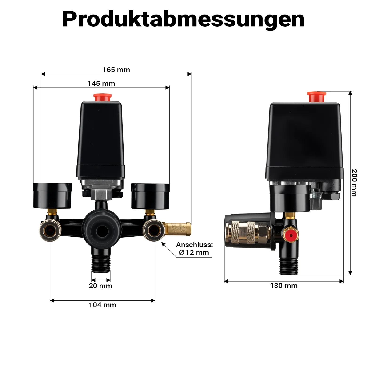 Wiltec Druckregler 165 x 130 x 200 mm mit Druckschalter für Kompressor, Druckminderer bis 8 bar rmit 2 Anzeigen, 2 Kupplungen und Sicherheitsventil