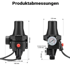 Wiltec Druckschalter mit Kabel SKD-3 230V bis 10 bar, Druckwächter mit Trockenlaufschutz für Hauswasserwerke und Pumpen, zuverlässige Pumpensteuerung