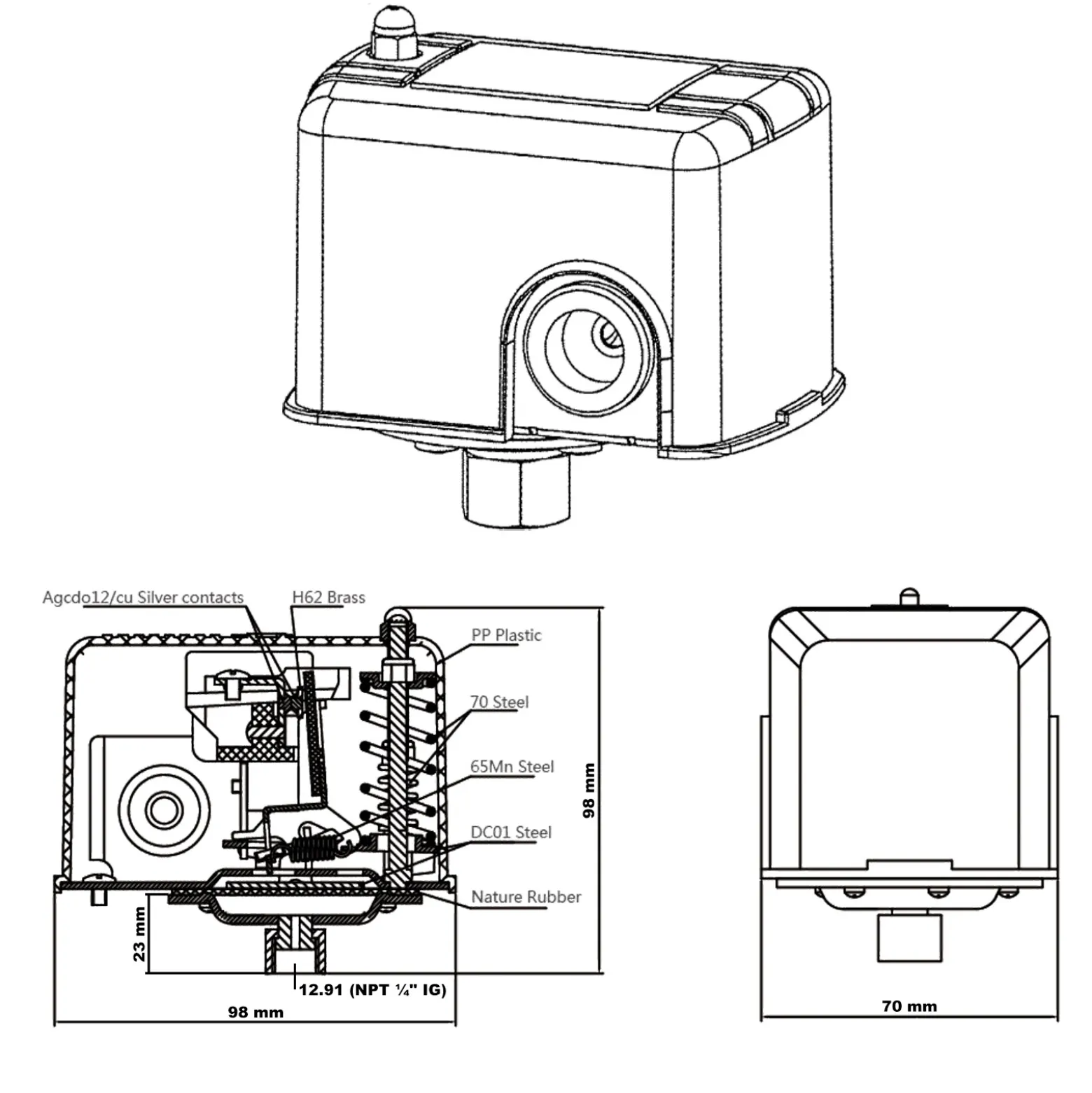 Wiltec Druckschalter SK-2 230V 1-phasig, Druckwächter mit Trockenlaufschutz für Hauswasserwerke und Pumpen, zuverlässige Pumpensteuerung