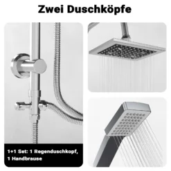 Wiltec Duscharmatur mit quadratischer Regendusche Duschsystem inkl. Handbrause Komplettset zur Wandmontage