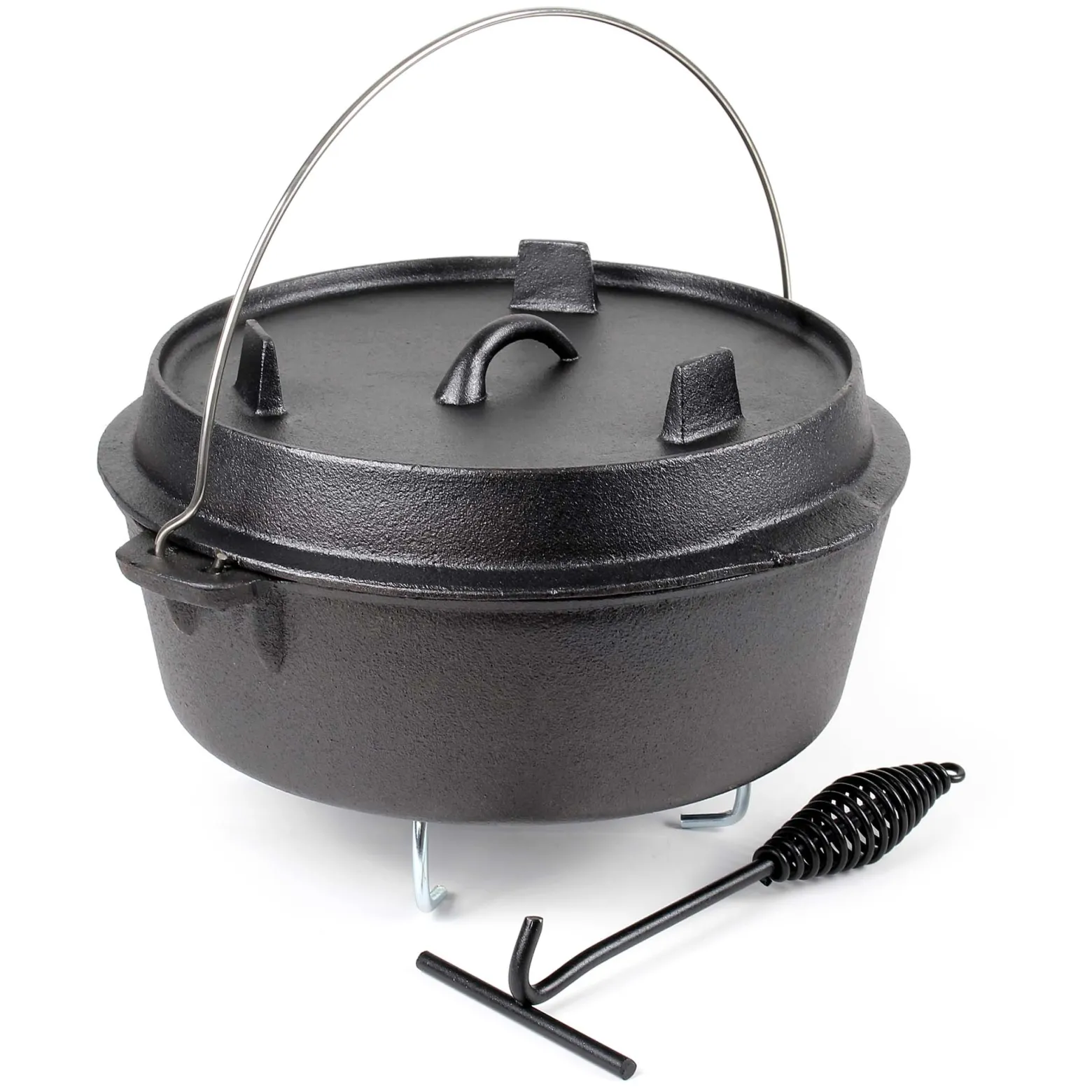 Wiltec Dutch Oven 8l mit Untersetzer und Deckelheber, Kochtopf aus Gusseisen für Lagerfeuer und Camping