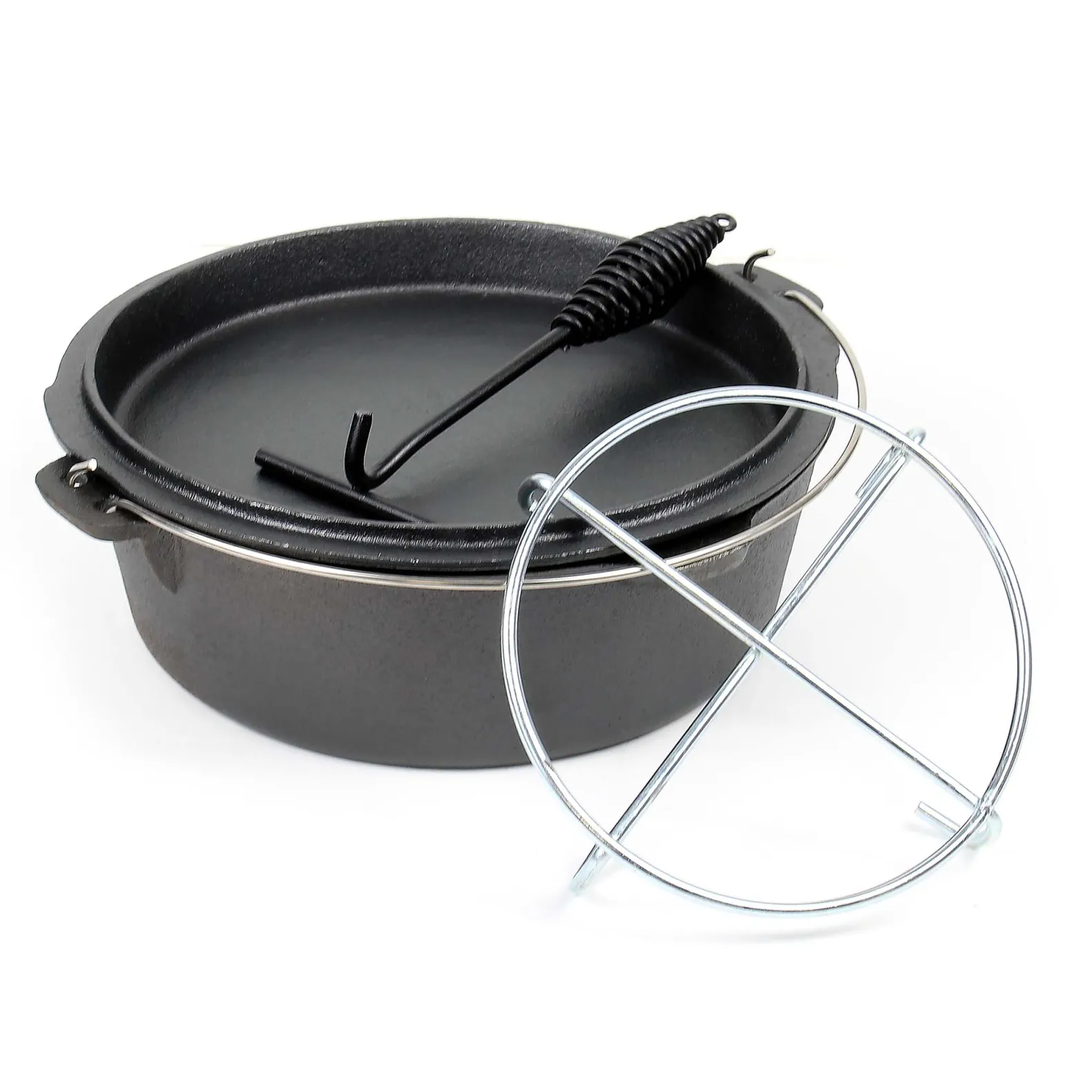 Wiltec Dutch Oven 8l mit Untersetzer und Deckelheber, Kochtopf aus Gusseisen für Lagerfeuer und Camping