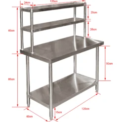 Wiltec Edelstahl Arbeitstisch 120x60x145cm Gastro Tisch mit zweistöckigem Regal und höhenverstellbaren Tischfüßen für die Küche