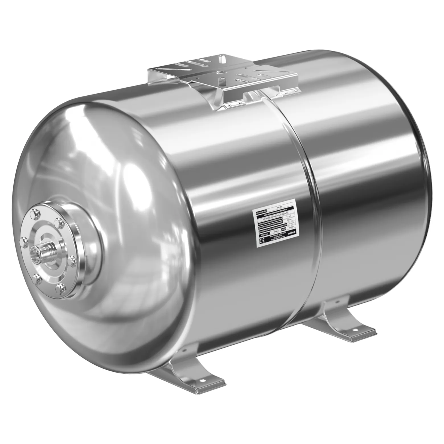 Wiltec Edelstahl Ausdehnungsgefäß 50 Liter, horizontaler Membrankessel für Hauswasserwerke und Druckerhöhungsanlagen mit EPDM Membran