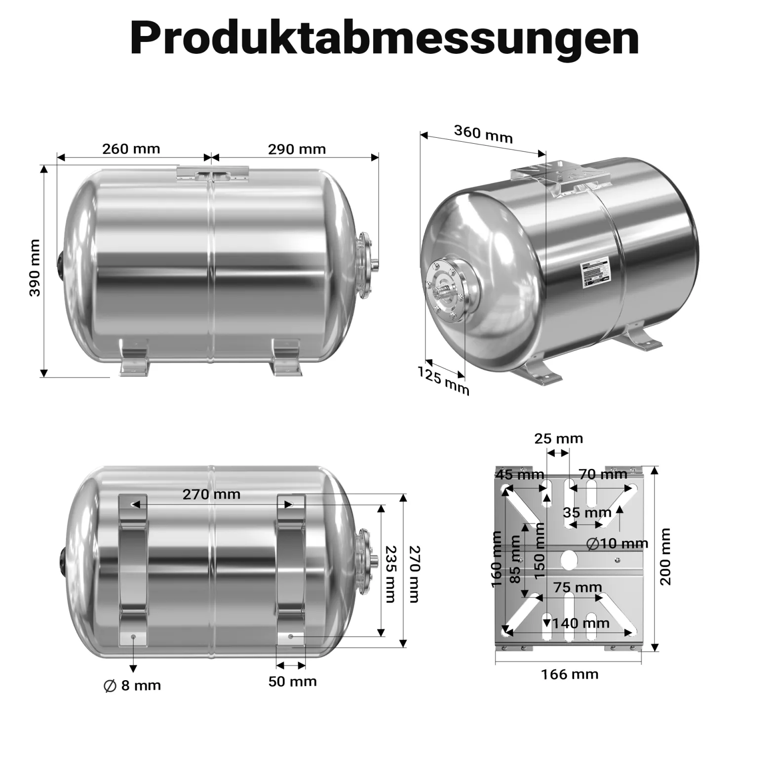 Wiltec Edelstahl Ausdehnungsgefäß 50 Liter, horizontaler Membrankessel für Hauswasserwerke und Druckerhöhungsanlagen mit EPDM Membran