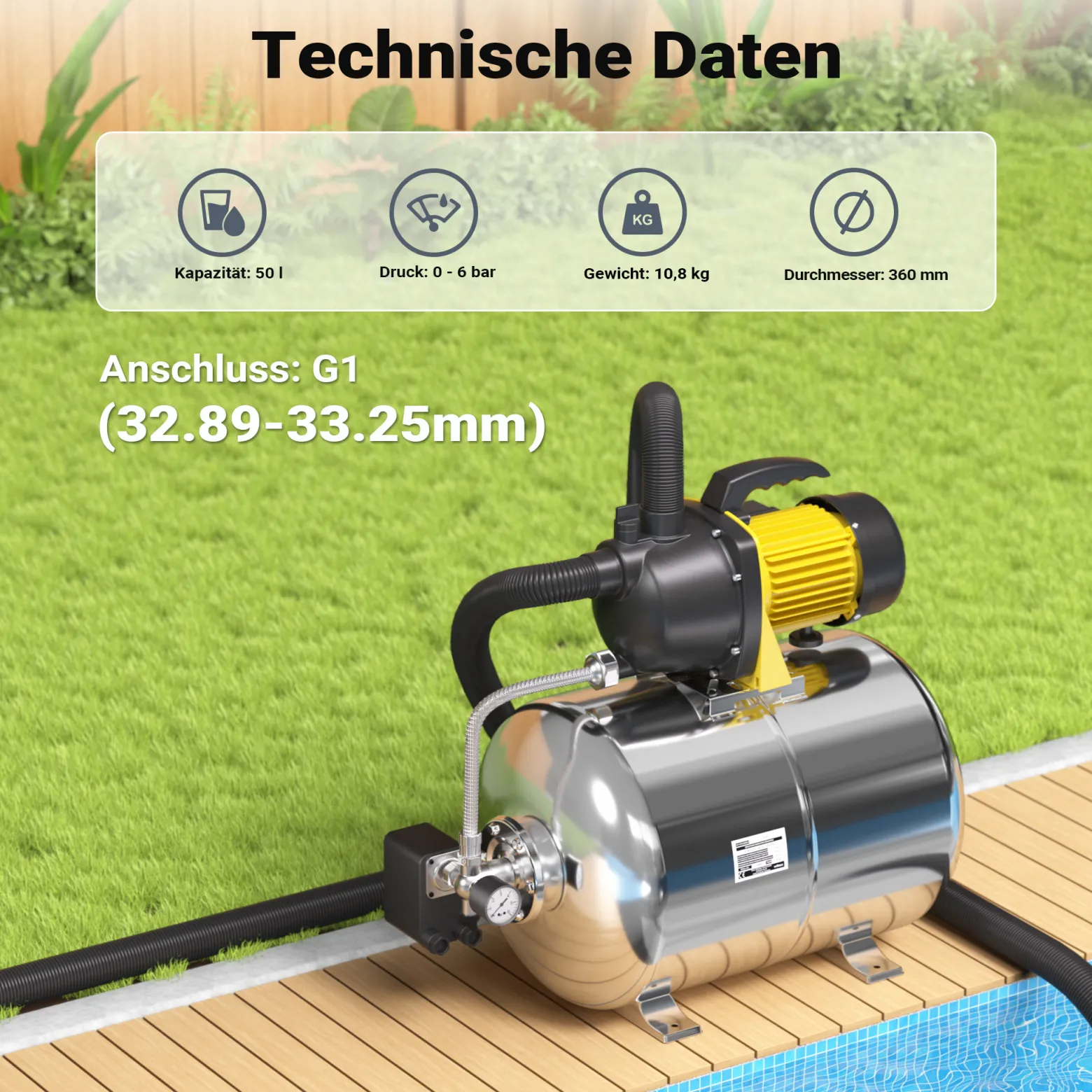 Wiltec Edelstahl Ausdehnungsgefäß 50 Liter, horizontaler Membrankessel für Hauswasserwerke und Druckerhöhungsanlagen mit EPDM Membran