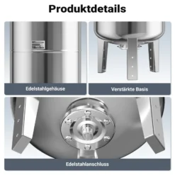 Wiltec Edelstahl Ausdehnungsgefäß 100 Liter, vertikaler Membrankessel für Hauswasserwerke und Druckerhöhungsanlagen mit EPDM Membran