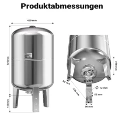 Wiltec Edelstahl Ausdehnungsgefäß 100 Liter, vertikaler Membrankessel für Hauswasserwerke und Druckerhöhungsanlagen mit EPDM Membran