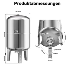Wiltec Edelstahl Ausdehnungsgefäß 50 Liter, vertikaler Membrankessel für Hauswasserwerke und Druckerhöhungsanlagen mit EPDM Membran