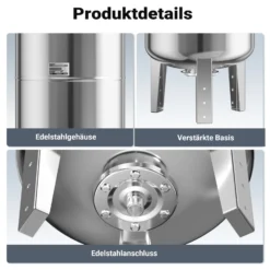 Wiltec Edelstahl Ausdehnungsgefäß 50 Liter, vertikaler Membrankessel für Hauswasserwerke und Druckerhöhungsanlagen mit EPDM Membran