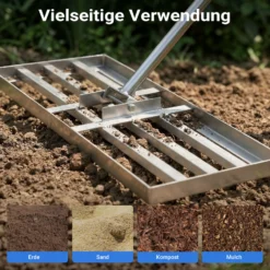 Wiltec Edelstahl Rasenrakel mit Stiel Größe XL, Flächenebner 26 x 100 x 2,8 cm Unebenheiten im Rasen ausgleichen, Leveler Gartengerät zum Rasen sanden