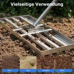 Wiltec Edelstahl Rasenrakel mit Stiel Größe S, Flächenebner 25 x 50 x 2,8 cm Unebenheiten im Rasen ausgleichen, Leveler Gartengerät zum Rasen sanden