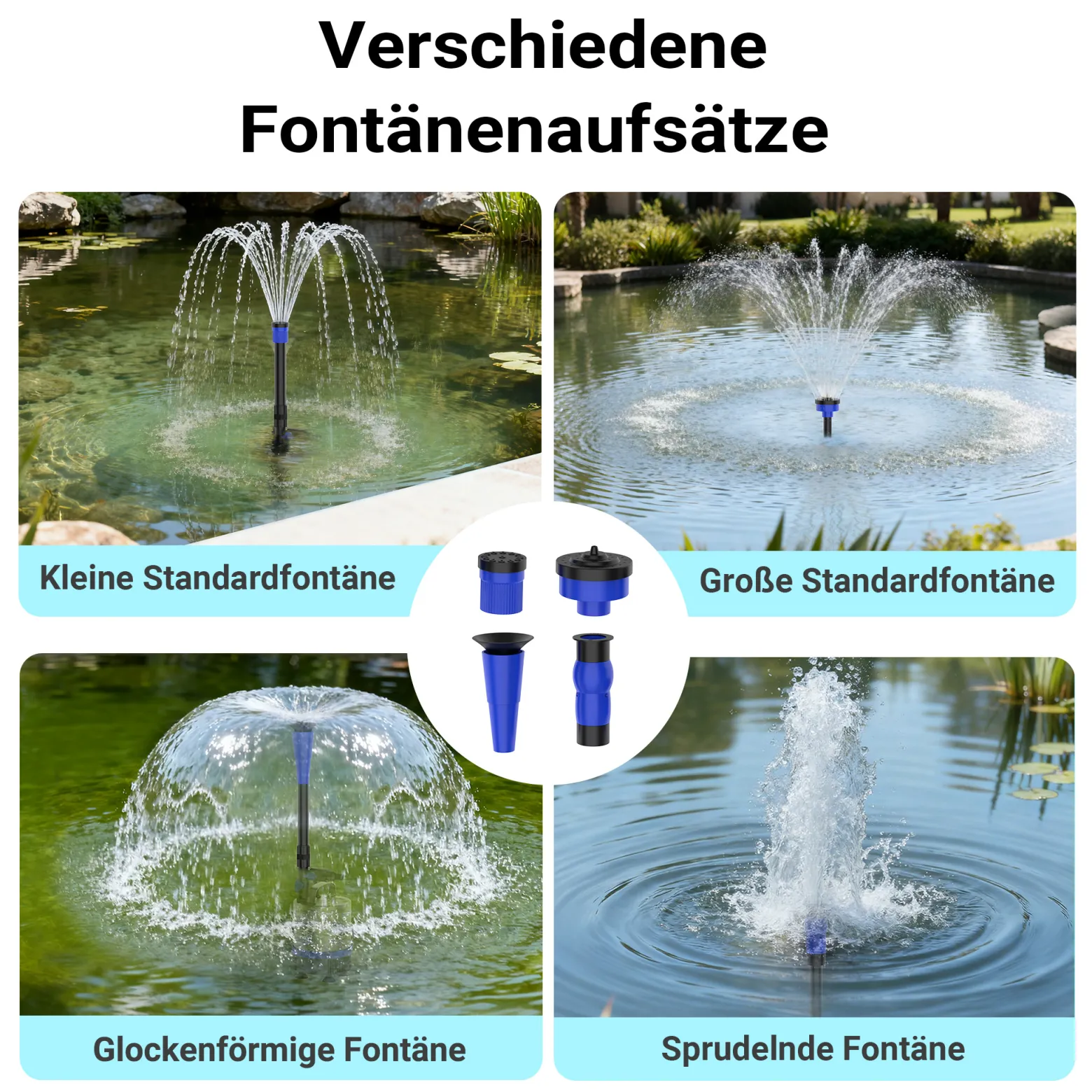 Wiltec Edelstahl Springbrunnenpumpe 50 W 1750 l/h, max. Fontänenhöhe 1,6 m, Teichpumpe inkl. 3 Aufsätze für verschiedene Fontänen, Aquariumpumpe