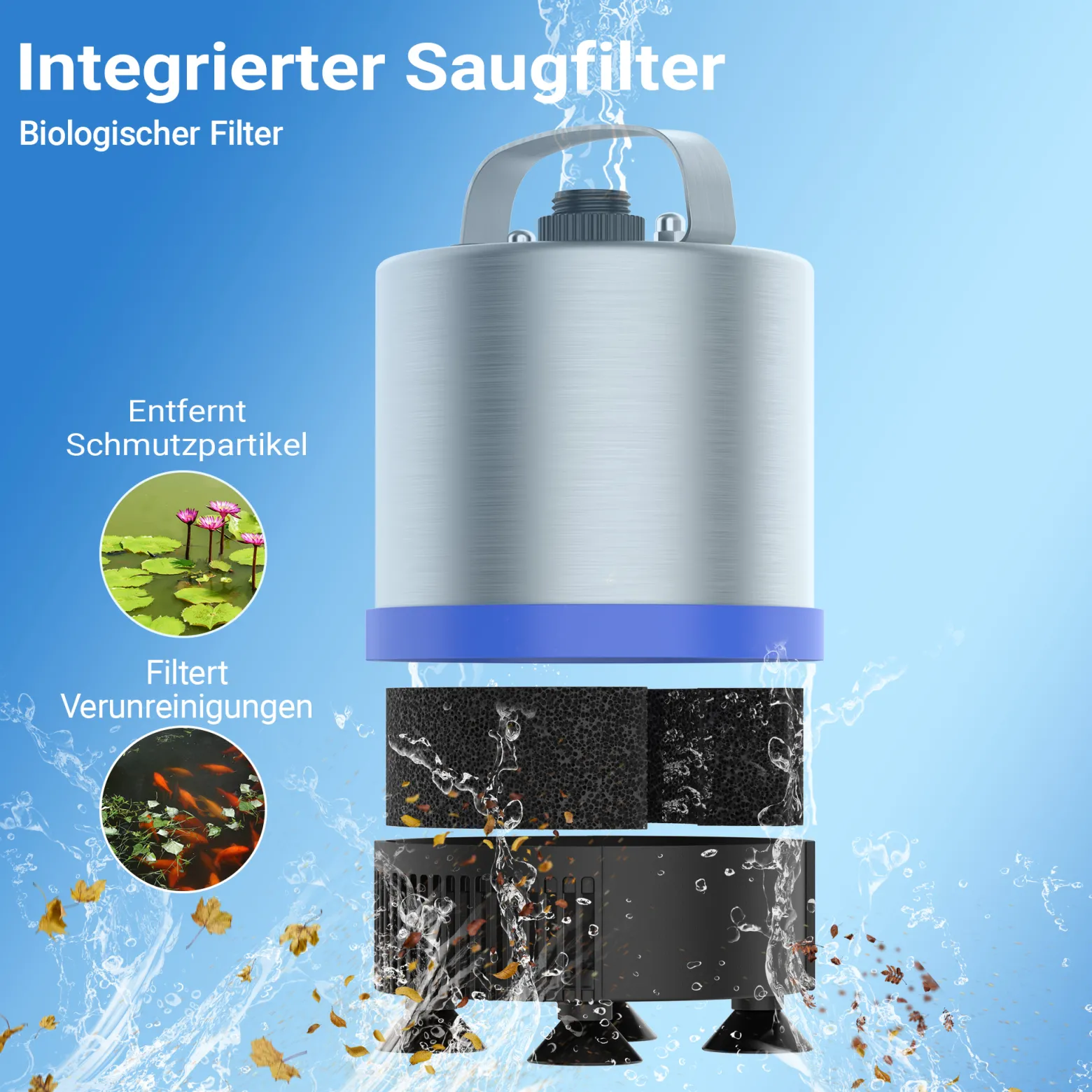 Wiltec Edelstahl Springbrunnenpumpe 50 W 1750 l/h, max. Fontänenhöhe 1,6 m, Teichpumpe inkl. 3 Aufsätze für verschiedene Fontänen, Aquariumpumpe