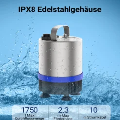 Wiltec Edelstahl Springbrunnenpumpe 50 W 1750 l/h, max. Fontänenhöhe 1,6 m, Teichpumpe inkl. 3 Aufsätze für verschiedene Fontänen, Aquariumpumpe